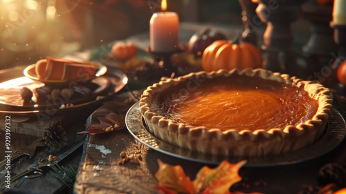 A slice of pumpkin pie on a plate, garnished with a small autumn leaf