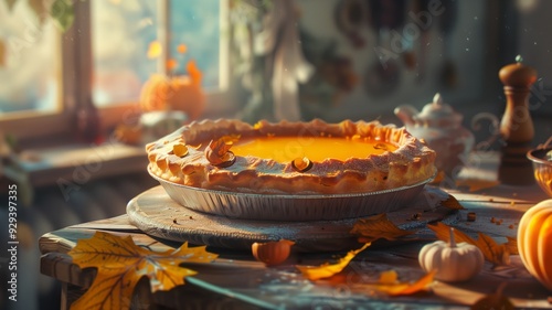 A slice of pumpkin pie with a flaky crust on a white plate, illuminated by warm sunlight