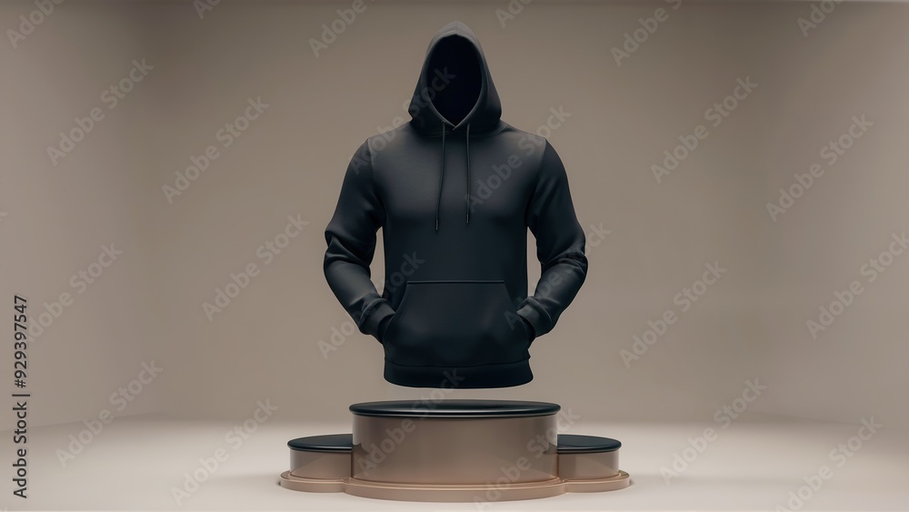 Mockup of a sleek black plain hoodie, artfully styled and placed on a mannequin Mockup of a sleek black plain hoodie, artfully styled and placed on a mannequin