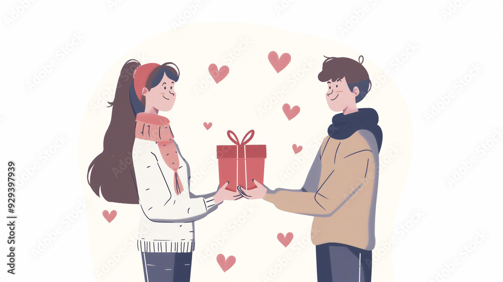 A young couple exchanging gifts with heart icons, showcasing affection and celebration in a festive setting. A young couple exchanging gifts with heart icons, showcasing affection and celebration in a festive setting.