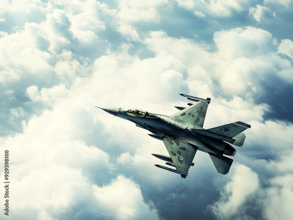 Aerial view of military fighter jet in sky, banner for world war conflict, special maneuvers Aerial view of military fighter jet in sky, banner for world war conflict, special maneuvers