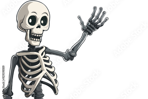 Cartoon skeleton waving hand on white background, cheerful skeleton illustration, happy Halloween design, fun skeleton art, friendly skeletal figure