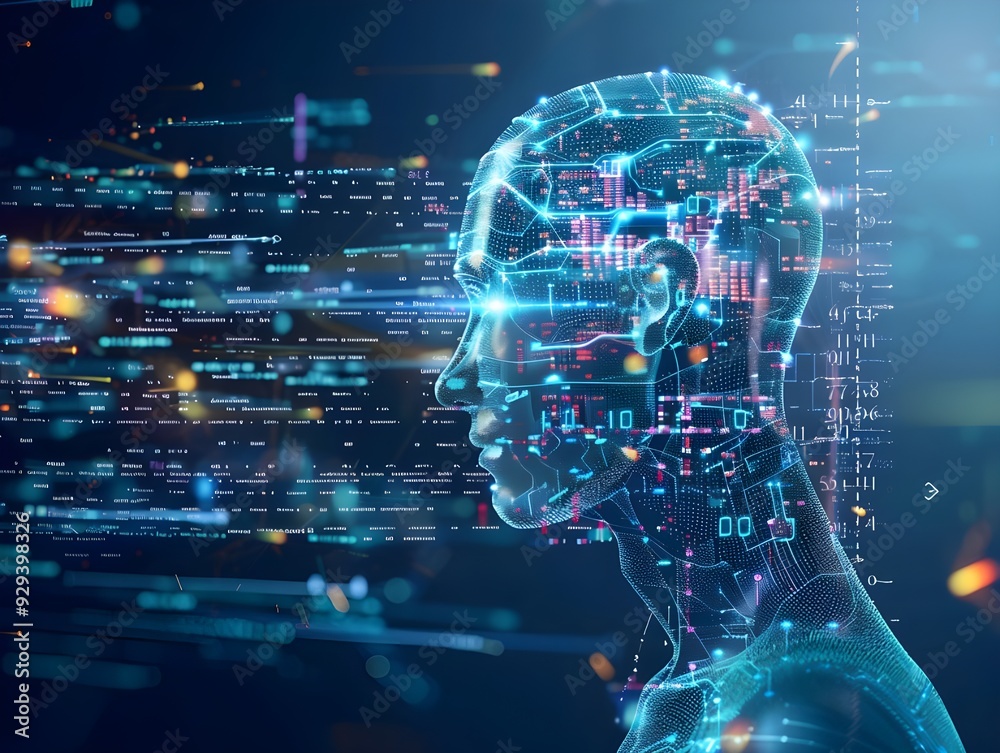 A profile view of an AI head with digital code and data streams flowing around it. A profile view of an AI head with digital code and data streams flowing around it.