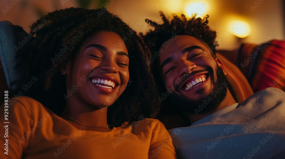 A joyful African American couple laughing together on a cozy couch, showcasing a warm and loving relationship in a dimly lit, relaxing environment. A joyful African American couple laughing together on a cozy couch, showcasing a warm and loving relationship in a dimly lit, relaxing environment.