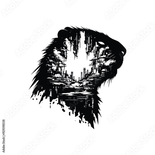 silhouette of Beaver silhouette, filled with destroyed futuristic dystopia environment in rough drawing,