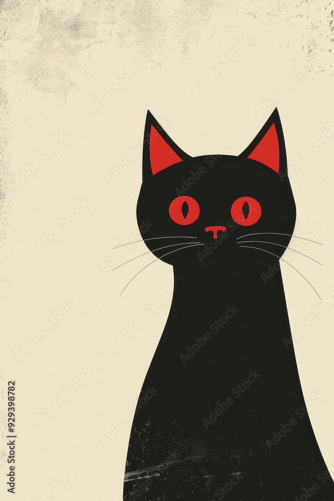 Minimalistic illustration of a black cat with striking red ears and eyes against a light background.