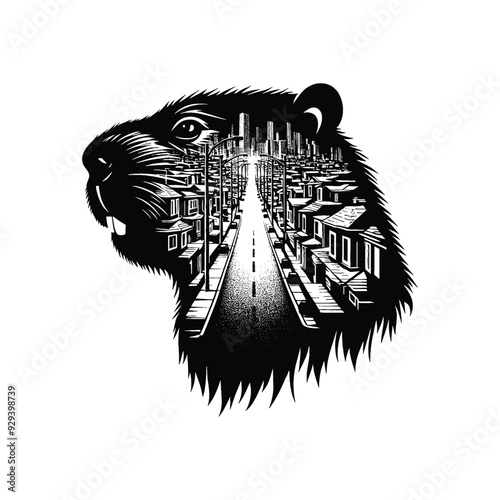 silhouette of Beaver silhouette, filled with ghetto street in rough drawing,