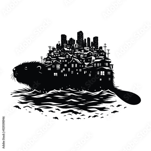 silhouette of Beaver silhouette, filled with ghetto street in rough drawing,