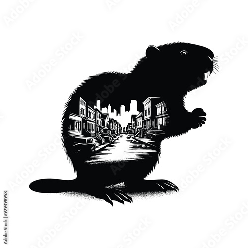 silhouette of Beaver silhouette, filled with ghetto street in rough drawing,