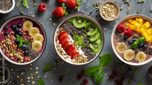 Three bowls of fruit smoothies with bananas, strawberries, and blueberries