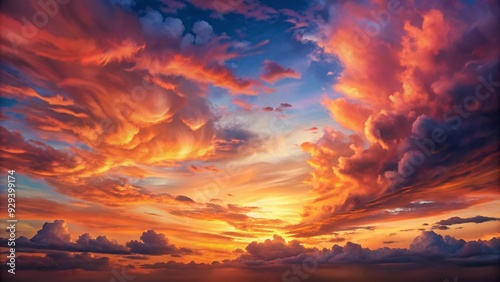 Sunset sky background, vibrant hues of orange, pink, and purple with scattered clouds, peaceful and beautiful