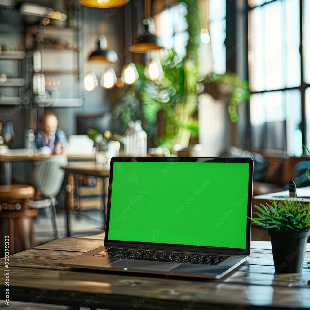 Laptop display with green screen background on office desk Laptop display with green screen background on office desk