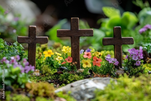 Miniature easter garden with crosses, flowers, and greenery celebrating christian festival