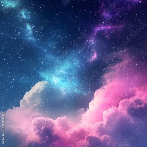 Majestic cosmic sky with colorful clouds and stars, vibrant interstellar clouds in outer space, beautiful night sky depiction, celestial wonder