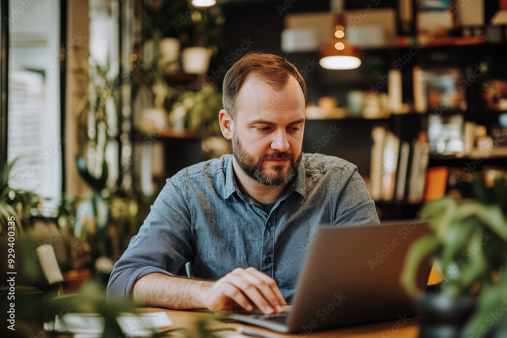 A middle-aged man with a beard working on a laptop in a cozy, plant-filled home office. A middle-aged man with a beard working on a laptop in a cozy, plant-filled home office.