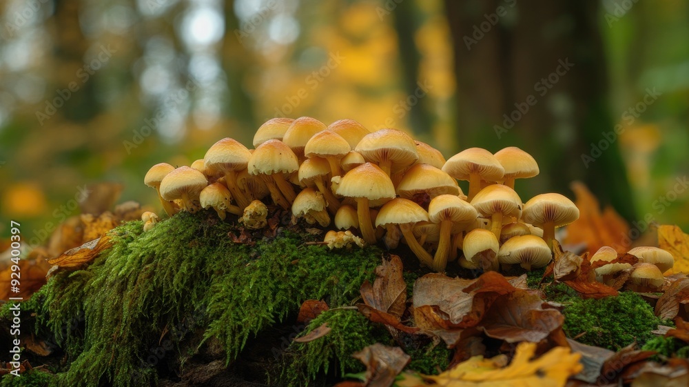Cluster of yellow-orange mushrooms growing on mossy forest floor during autumn Cluster of yellow-orange mushrooms growing on mossy forest floor during autumn