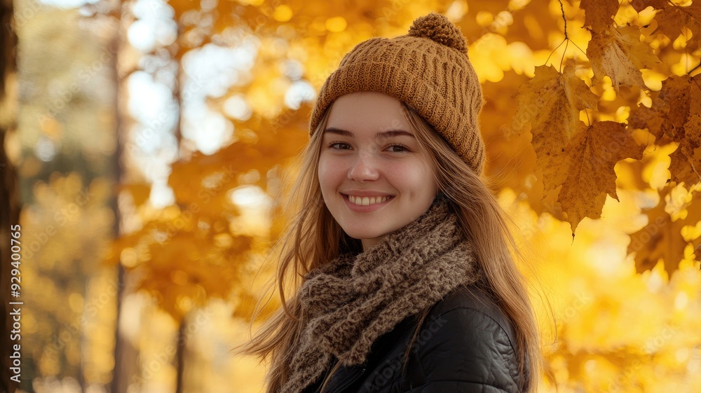 Smiling young woman with brown hair wears knit hat and scarf in autumn forest Smiling young woman with brown hair wears knit hat and scarf in autumn forest