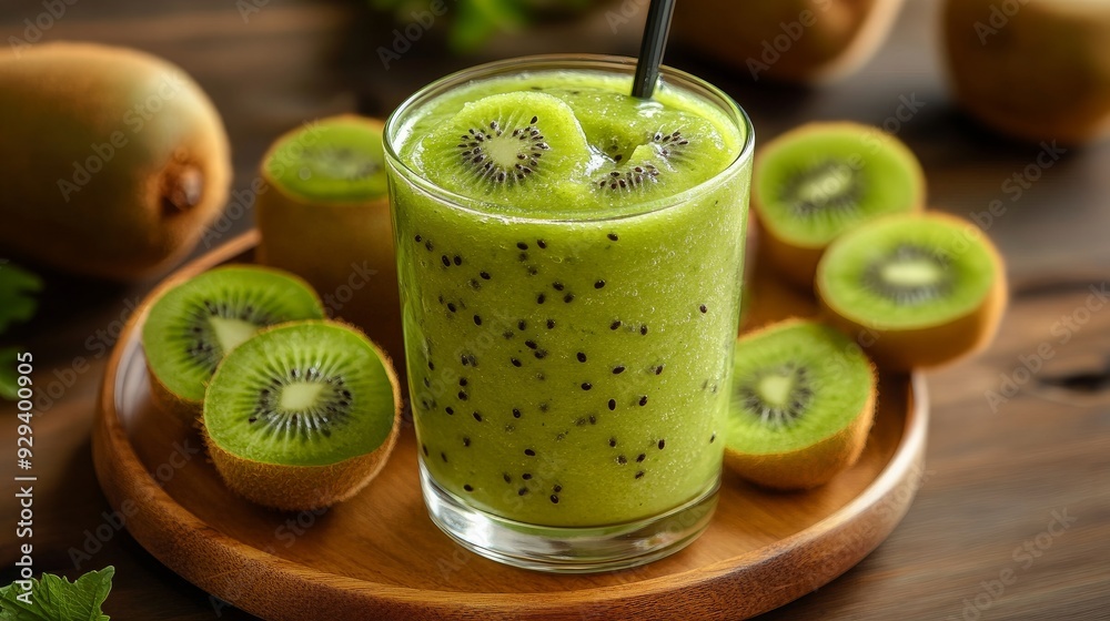 Slicked kiwis in a glass of green smoothie on a wooden platter Slicked kiwis in a glass of green smoothie on a wooden platter