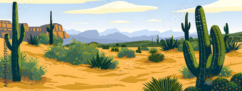 Illustration of a landscape with cacti in the desert. Concept of nature, travel, and the Wild West.