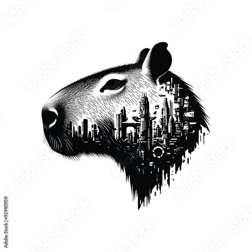 silhouette of Capybara, filled with destroyed futuristic dystopia environment in rough drawing,