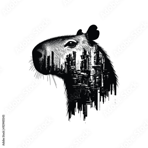 silhouette of Capybara, filled with destroyed futuristic dystopia environment in rough drawing,