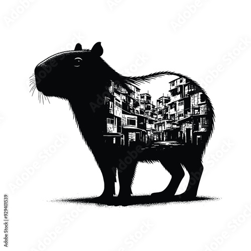 silhouette of Capybara, filled with ghetto street in rough drawing,