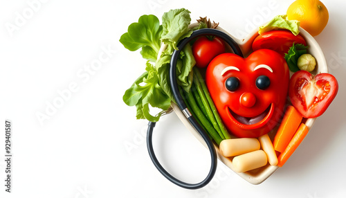 Cholesterol diet concept. Healthy food in heart shaped dish with stethoVeggie chef / Creative food concept of a funny cartoon chef face made of vegetables isolated on white isolated with white highl photo