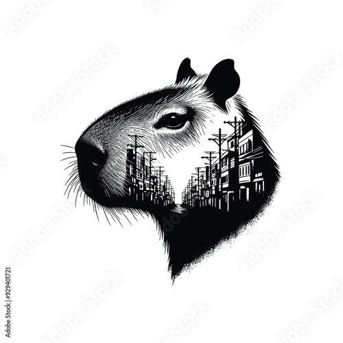 silhouette of Capybara, filled with ghetto street in rough drawing,
