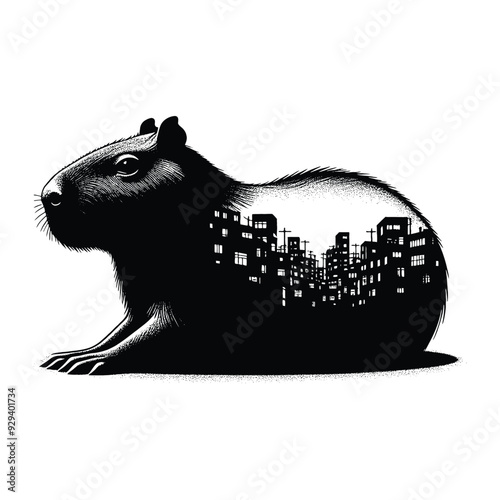 silhouette of Capybara, filled with ghetto street in rough drawing,