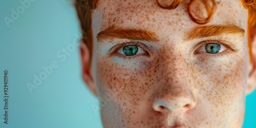 Close up of a man with red hair and blue eyes