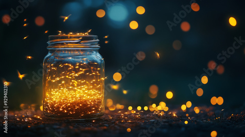 A glass jar filled with glowing fireflies illuminating the dark night with bokeh lights in the background. photo