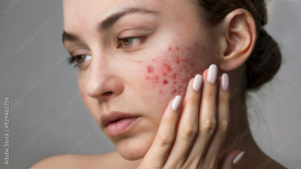 Poignant Close-Up Portrait of a Woman with Acne, Gently Touching Her Face and Reflecting on Skin Concerns Poignant Close-Up Portrait of a Woman with Acne, Gently Touching Her Face and Reflecting on Skin Concerns