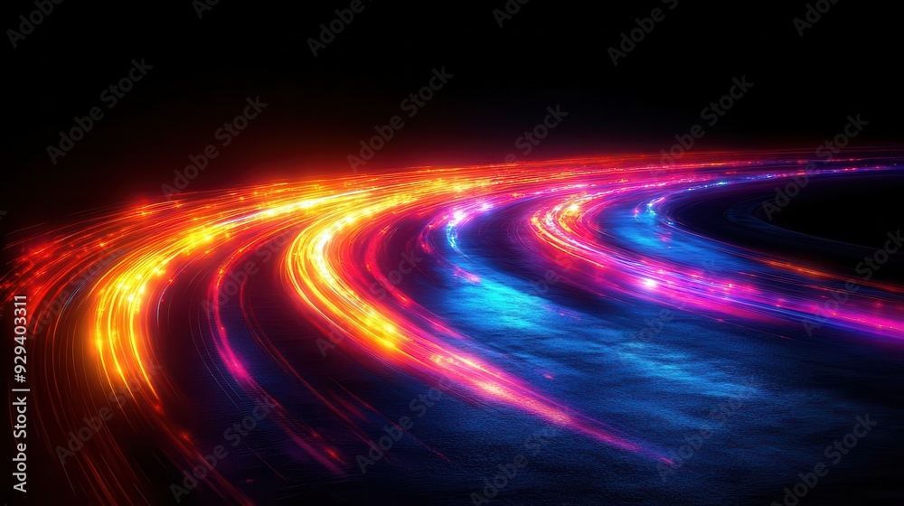 abstract light trails vibrant streaks of neon colors against black background dynamic motion blur futuristic energy concept