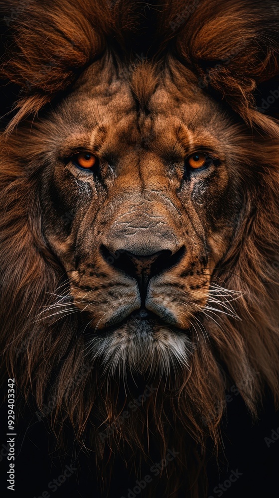 Naklejka premium Close-up of a majestic male lion with intense amber eyes and a thick brown mane against a dark background.