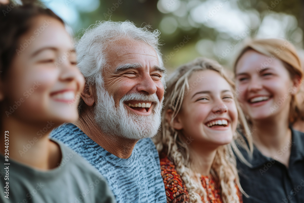 Elderly man with a white beard and smiling with three young women outdoors, capturing a joyful and multi-generational happy moment. Elderly man with a white beard and smiling with three young women outdoors, capturing a joyful and multi-generational happy moment.