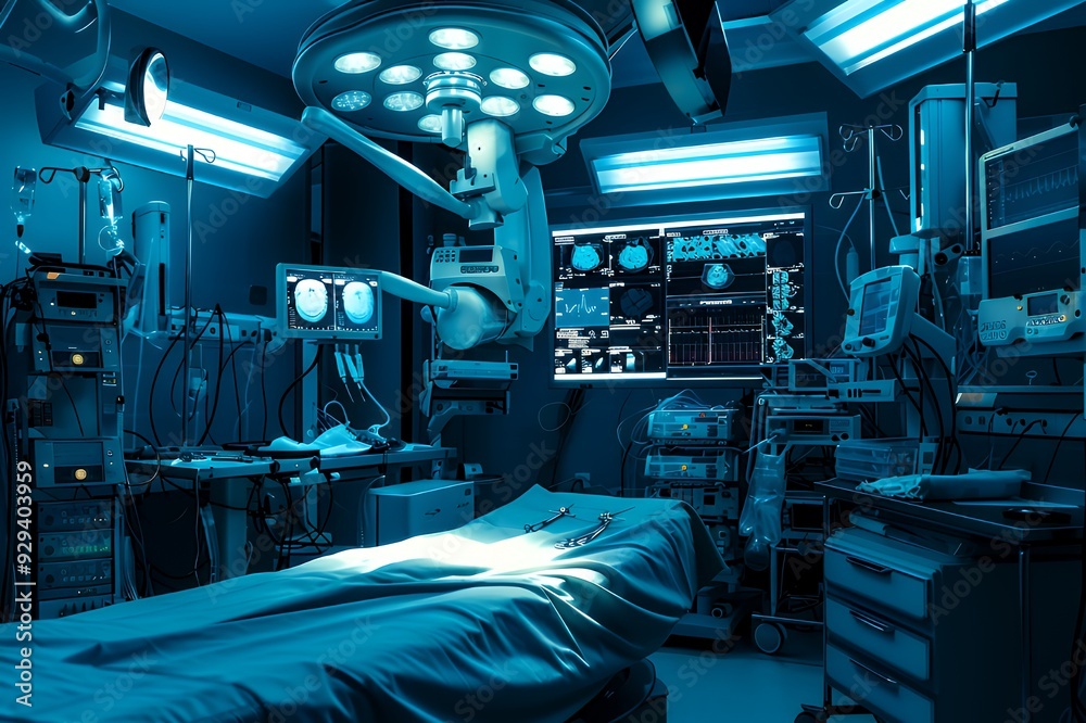 A modern surgical room equipped with advanced medical technology and monitoring systems.