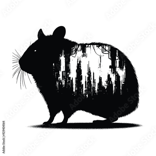 silhouette of Hamster, filled with destroyed futuristic dystopia environment in rough drawing,