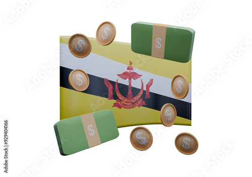 3D render illustration of Brunei Darussalam flag and currency called Dollar photo