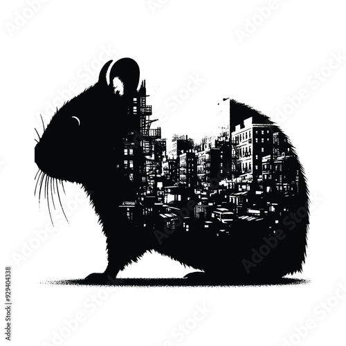 silhouette of Hamster, filled with ghetto street in rough drawing,