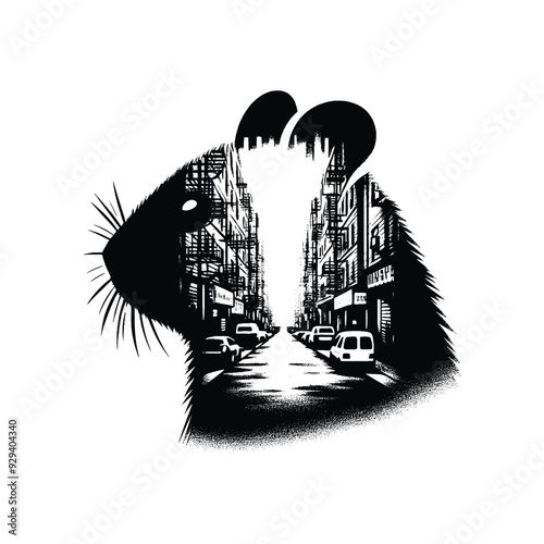 silhouette of Hamster, filled with ghetto street in rough drawing,
