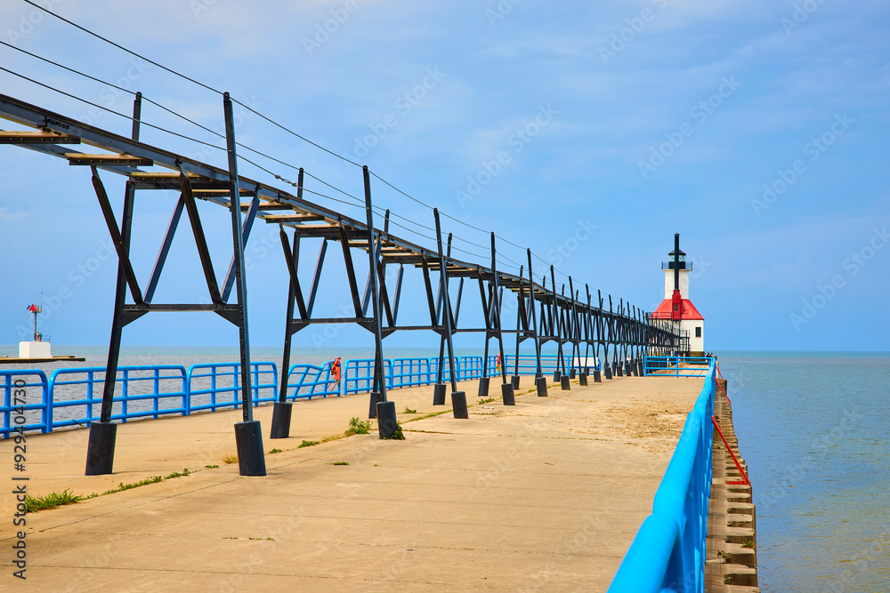 Obraz premium Lighthouse and Pier with Overhead Walkway Perspective
