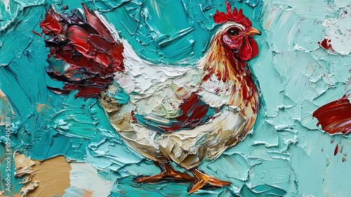 Fototapeta Naklejka Na Ścianę i Meble -  Oil painting of a white rooster with red wattle and comb on turquoise background.