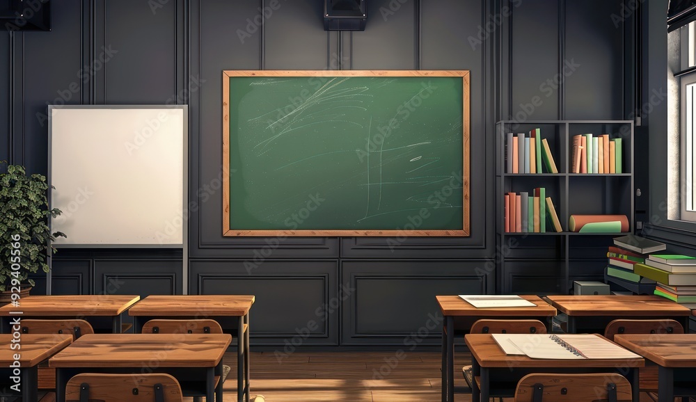 Rendered school classroom with a green chalkboard, wooden desks, dark grey walls, whiteboard on left, books Rendered school classroom with a green chalkboard, wooden desks, dark grey walls, whiteboard on left, books