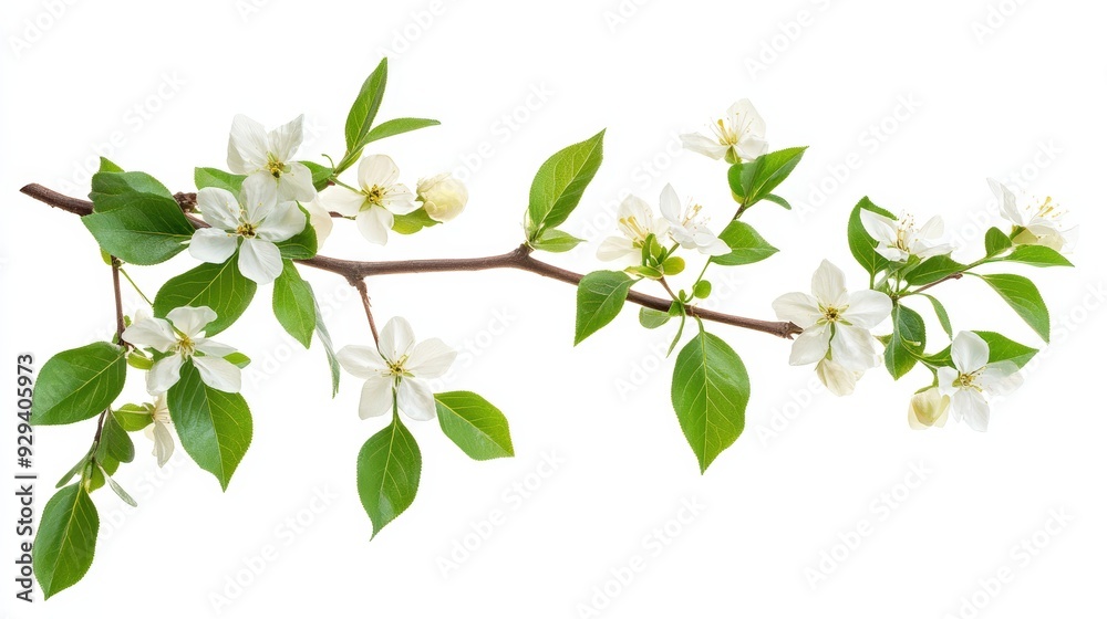 Fototapeta premium Flowering Branch With Green Leaves, Isolated On White Background, Ideal For Botanical And Nature-Themed Designs . Generative ai