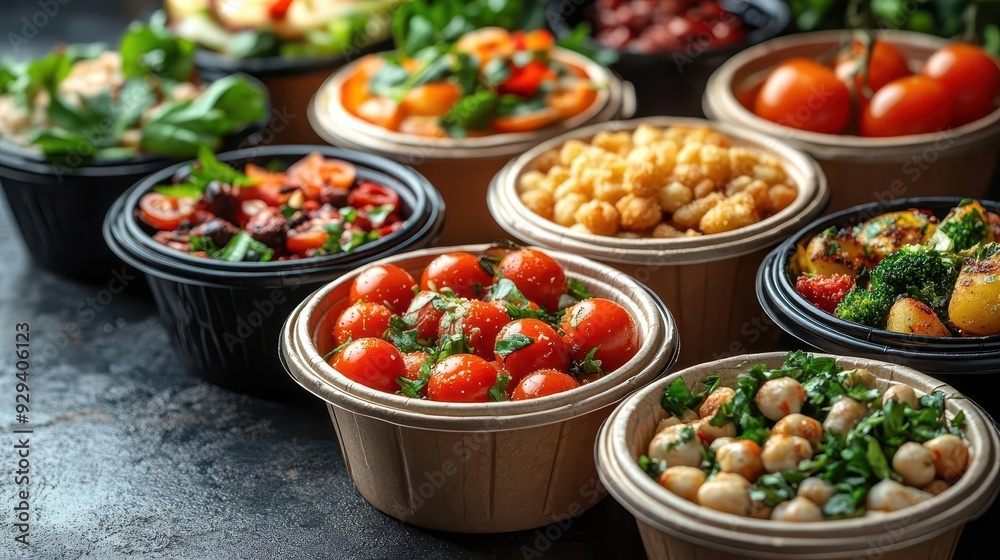 artfully arranged ecofriendly takeaway containers on textured concrete background vibrant fresh foods visible sustainable packaging topdown view with soft natural lighting artfully arranged ecofriendly takeaway containers on textured concrete background vibrant fresh foods visible sustainable packaging topdown view with soft natural lighting
