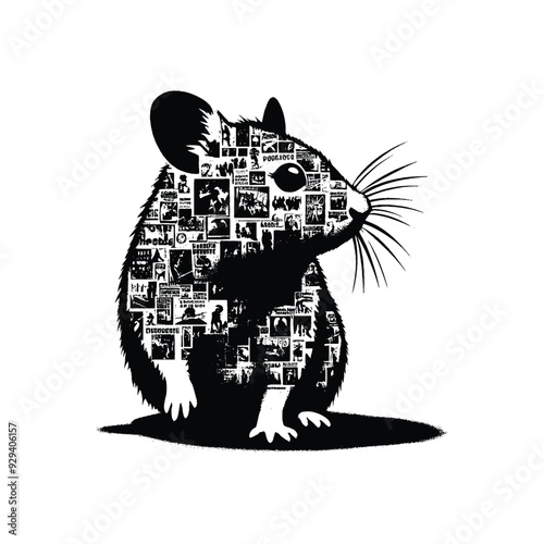 silhouette of Hamster, filled with vintage punk's poster collage wall in rough drawing, photo