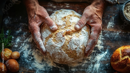 artisanal bakers flourdusted hands skillfully kneading rustic bread dough on weathered wooden surface soft natural light highlighting textures and craftsmanship photo