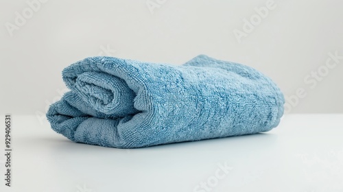 A neatly folded blue towel placed on a white surface, captured in a minimalist style.