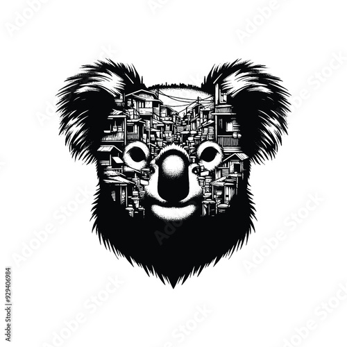silhouette of Koala, filled with ghetto street in rough drawing,
