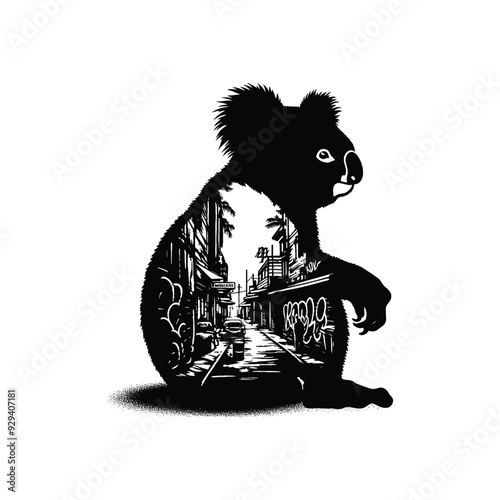 silhouette of Koala, filled with ghetto street in rough drawing,